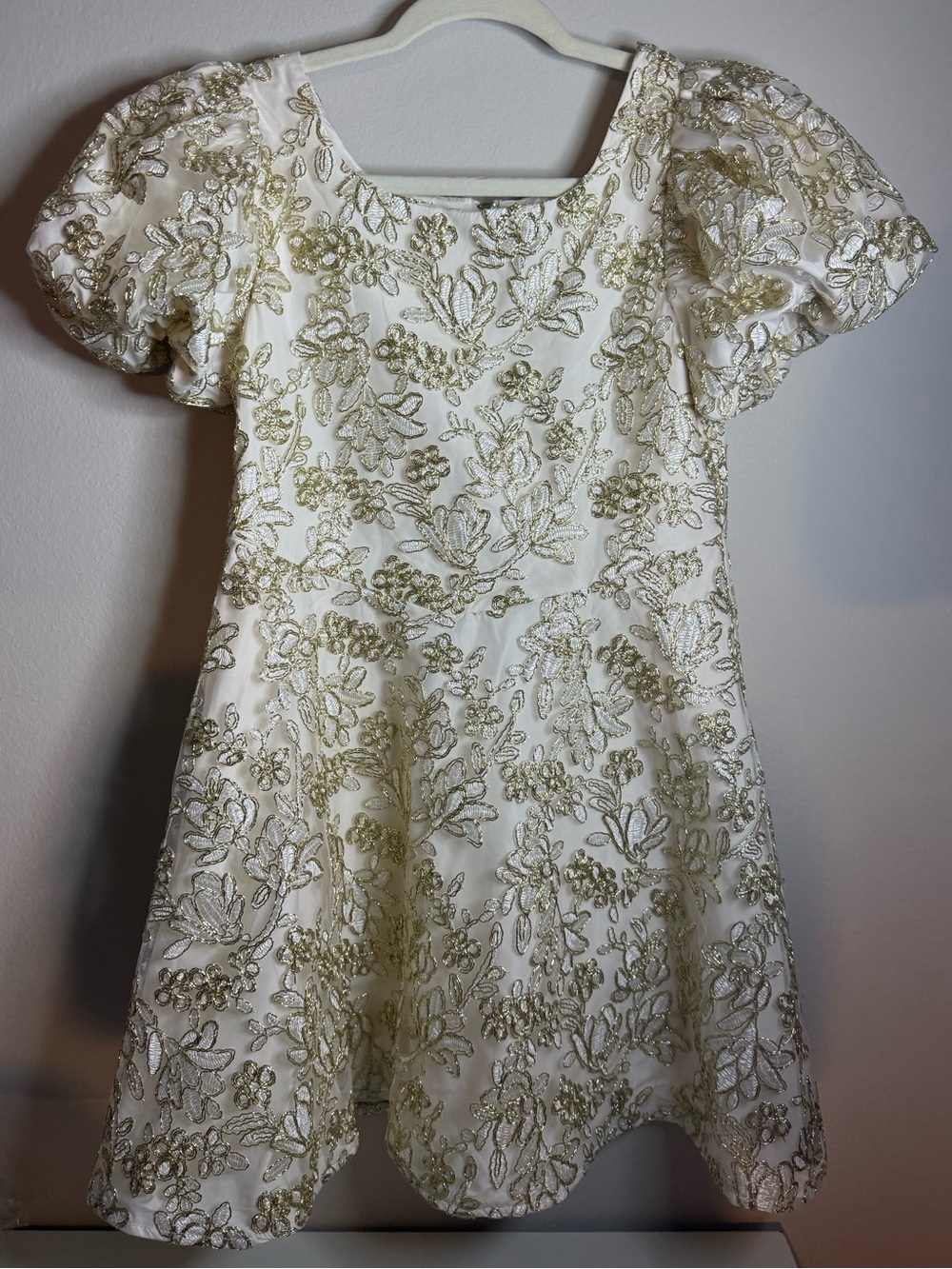 GB girls White Dress with Gold Floral Embroidery
